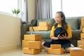 Senior Asian woman doing online shopping at home with boxes and laptop Royalty Free Stock Photo