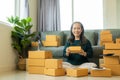 Senior Asian woman doing online shopping at home with boxes and laptop Royalty Free Stock Photo