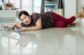 Senior asian woman suffering from falling down of staircase at home Royalty Free Stock Photo