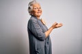 Senior beautiful grey-haired woman wearing casual dress standing over white background pointing aside with hands open palms Royalty Free Stock Photo