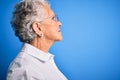 Senior beautiful woman wearing elegant shirt and glasses over isolated blue background looking to side, relax profile pose with Royalty Free Stock Photo