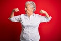 Senior beautiful woman wearing elegant shirt standing over isolated red background showing arms muscles smiling proud