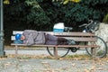 Senior bicyclist rests on a bench