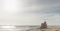 Senior biracial couple enjoys a serene beach setting, with copy space Royalty Free Stock Photo