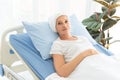 Senior breast cancer patient wearing a headscarf laying in bed and looking at the camera, cancer concept