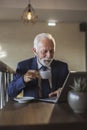 Senior businessman drinking coffee and reading news on laptop computer Royalty Free Stock Photo