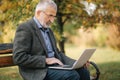 Senior businessman using laptop outside. Elderly man in gray jacket use laptop in the park Royalty Free Stock Photo
