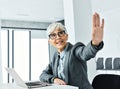 senior businesswoman office work business meeting mature gray hair portrait happy laptop entrepreneur woman Royalty Free Stock Photo