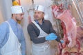 Senior butcher showing animal carcasss to junior butcher