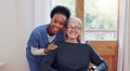 Senior care, caregiver and old woman with wheelchair, portrait and smile in health at nursing home. Support, kindness Royalty Free Stock Photo