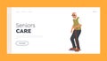 Senior Care Landing Page Template. Aged Man Grandfather Moving with Walking Cane. Elderly Male Character Senility