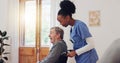 Senior care, nurse and old man with wheelchair, smile and help in healthcare at nursing home. Support, kindness and Royalty Free Stock Photo