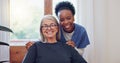 Senior care, nurse and old woman with smile, portrait and health at nursing home. Support, kindness and happy face of Royalty Free Stock Photo