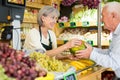 Senior cashier woman serving customer in greengrocer Royalty Free Stock Photo