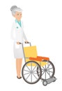 Senior caucasian doctor pushing wheelchair.