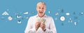 Senior Caucasian guy holding US dollars and shouting OMG on blue studio background with finance icons, collage Royalty Free Stock Photo
