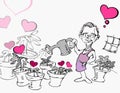 Senior Old Man in Garden with Heart Cartoon