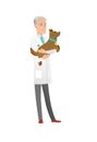 Senior caucasian veterinarian with dog in hands.