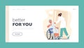 Senior Character Suffer of Fever Landing Page Template. Nurse Measuring Temperature to Elderly Woman Sit at Wheelchair