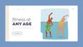 Senior Characters Exercise In Pool Landing Page Template. Old People Smiling While Participating In Fun Aqua Aerobics