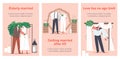 Senior Characters Wedding Ceremony Cartoon Banners. Happy Bridal Couple Man and Woman Get Married under Floral Arch