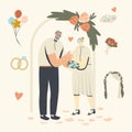 Senior Characters Wedding Ceremony. Happy Bridal Couple Man and Woman Get Married Changing Rings. Aged Bride and Groom