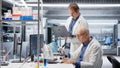 Senior chemist and coworker observing specimen under microscope Royalty Free Stock Photo