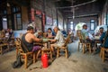 Senior chinese people playing mahjong in an ancient tearoom Royalty Free Stock Photo