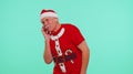 Senior Christmas old grandfather man listening music via earphones, dancing fun disco fooling around Royalty Free Stock Photo