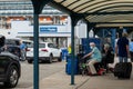 Senior citizens disembarking from a cruise ship