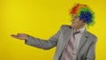 Elderly clown businessman entrepreneur boss pointing at something. Copy space Royalty Free Stock Photo