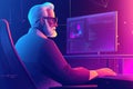 Senior coder at a futuristic neon workstation coding on a large monitor in a vibrant scene Royalty Free Stock Photo