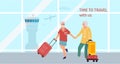 Senior couple in airport. Active elderly family travel. Departure terminal. Cartoon people holding hands and carrying