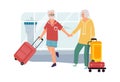 Senior couple in airport. Elderly man and woman travel. Cartoon people holding hands and carrying baggage. Vector