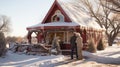 A Senior Couple Near a Red House or Shop Decorated for Christmas in a Beautiful Winter Snowy Scene Royalty Free Stock Photo