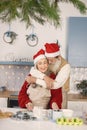 Senior couple in aprons and christmas red hats baking cookies in kitchen Royalty Free Stock Photo