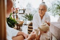 Senior couple in bathrobes enjoying time together in their living room, drinking hot tea, calm and hygge atmosphere. Royalty Free Stock Photo