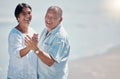 Senior couple, beach and portrait of dancing with mockup for love, care and date on summer vacation. Happy man, woman Royalty Free Stock Photo