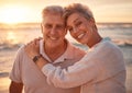 Senior couple, beach portrait and hug on vacation, trip or summer holiday. Love, sunset and elderly, retired and happy Royalty Free Stock Photo