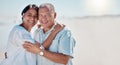 Senior couple, beach and portrait of love, relax and mockup on summer holiday, vacation or date. Happy retirement, man Royalty Free Stock Photo