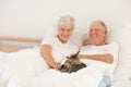 Senior couple, bed and cat for smile, embrace and love in morning for bonding and cuddle. Mature man, woman and kitty Royalty Free Stock Photo
