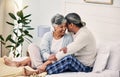 Senior couple in bed together, hug with love and comfort, morning routine and happiness with bonding at home. Retirement Royalty Free Stock Photo