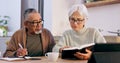 Senior couple, bible study and home with reading, writing and thinking with faith, worship or knowledge. Elderly woman Royalty Free Stock Photo