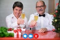 Senior couple celebrating christmas toasting with champagne to the camera on a video call. Royalty Free Stock Photo