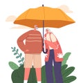 Senior Couple Characters Stand Under Umbrella, Symbolizing Family Protection. Love And Support Depicted In Their Embrace