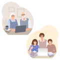 Senior couple chat with grandchildren. Studying computer by elderly people concept. Remotely education. Online studying. Active