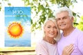 Senior couple on street and weather forecast widget. Mobile application