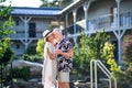 Senior couple dancing outdoors on holiday, having fun. Royalty Free Stock Photo