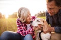 Senior couple with dog on a walk in an autumn nature. Royalty Free Stock Photo