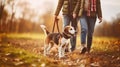 Senior couple with dog on a walk in an autumn nature. Generative AI Royalty Free Stock Photo